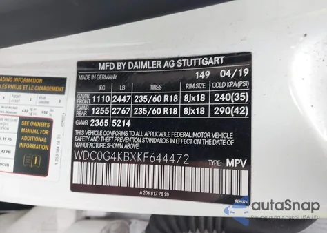 2019 Mercedes-Benz Glc 300 4Matic из США, поврежденный, VIN WDC0G4KBXKF644472